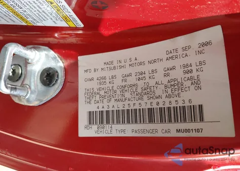 2007 Mitsubishi Eclipse Spyder Gs from USA, damaged, VIN 4A3AL25F57E028536